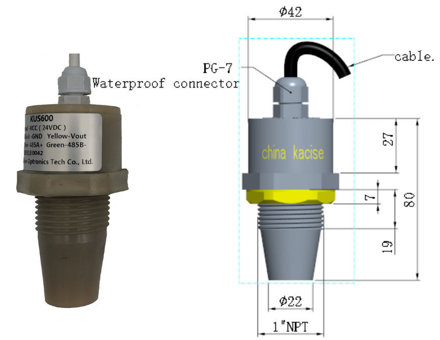 कम शक्ति 3.3V इनपुट IP68 पनरोक 5 मीटर का पता लगाने रेंज KUS600B अल्ट्रासोनिक पानी के स्तर सेंसर RS485 आउटपुट के साथ